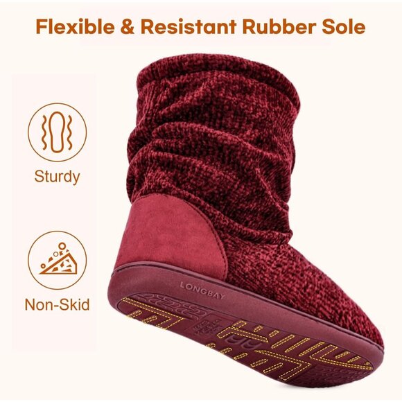 Women's Wine Red Winter Warm Non Slip Knit Memory Foam Slipper Bootie Shoes - Picture 5 of 6